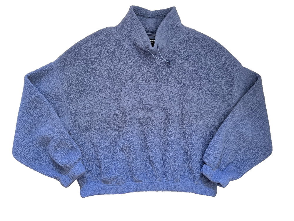 Women's Size XS Playboy Fuzzy Fleece Gray Blue Sweater Oversized Look Logo